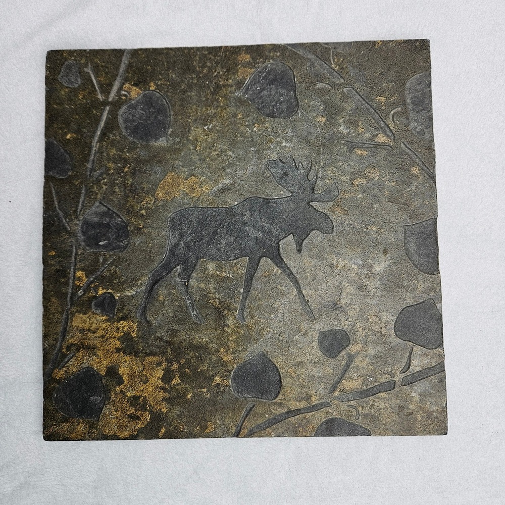Quarry Collection Charles Mason Signed Moose Natural Stone Slate Trivet Tile 7.5